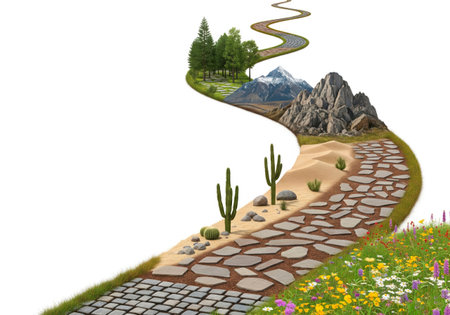 A road that turns into different landscapes of nature. Space for textの素材