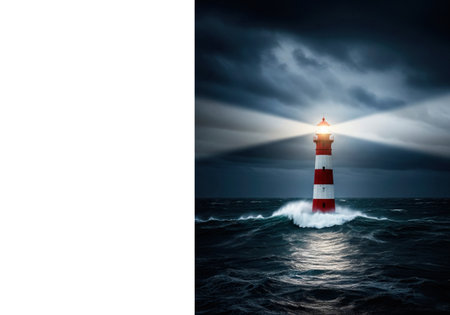 The lighthouse illuminates the stormy sea at night. Space for textの素材