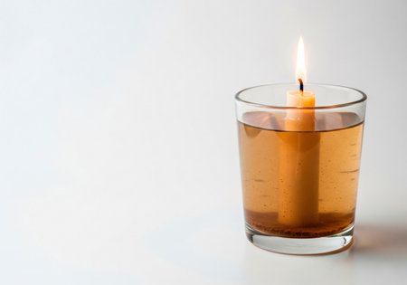 A burning candle in a glass of liquid. Space for textの素材