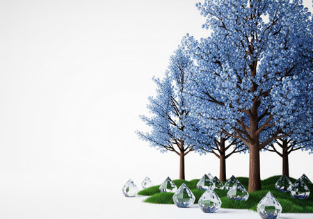 Blue trees with crystals and transparent stones. Space for textの素材