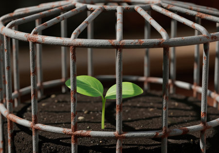 A small sprout behind a grate of rusty metalの素材