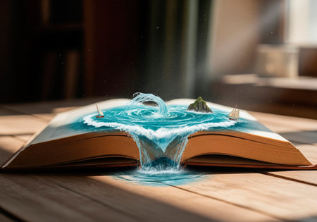 A book with a whirlpool and ships insideの素材