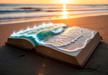 An open book from which the sea flowsの素材