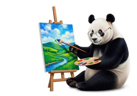 A panda in glasses draws a landscape on an easel. Space for textの素材