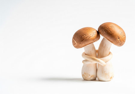 Two mushrooms embraced on a light background. Space for textの素材
