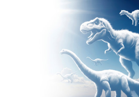 Dinosaurs from clouds in blue sky. Space for textの素材