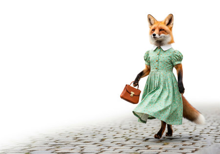 A fox in a green dress with a bag is walking along the pavement. Space for textの素材