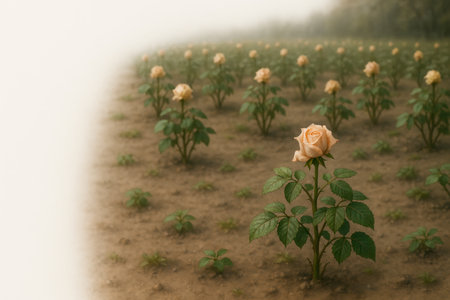 A field of roses with one rose standing out in the foreground. Space for textの素材