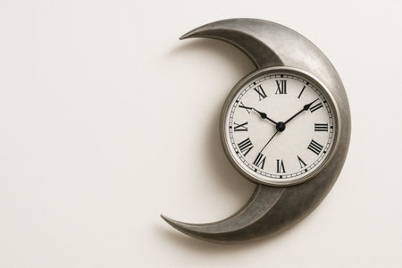 Crescent-shaped clock with Roman numerals. Space for textの素材