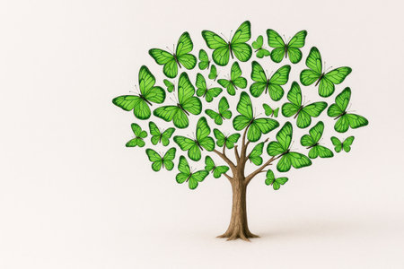 Tree of green butterflies. Space for textの素材