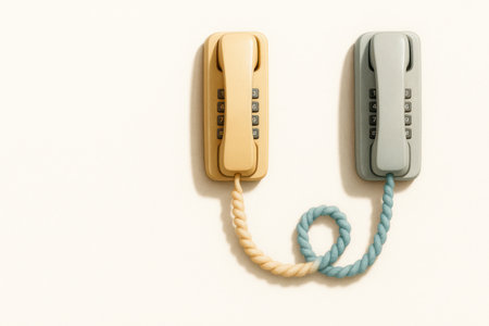 Two wall-mounted telephones with intertwined multi-colored wires. Space for textの素材