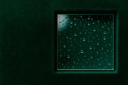 A glass square with drops of water on a dark background. Space for textの素材