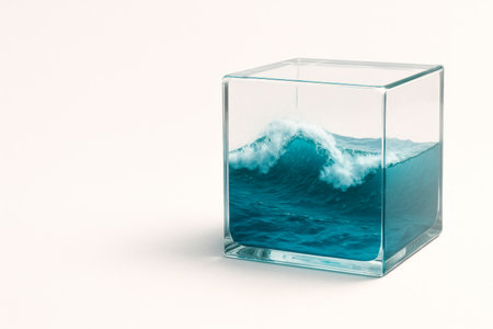 A glass cube with an ocean wave inside. Space for textの素材