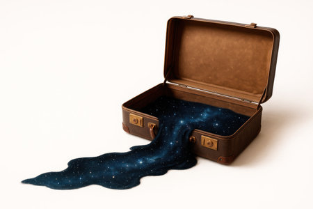 A suitcase with a spilled galaxy. Space for textの素材