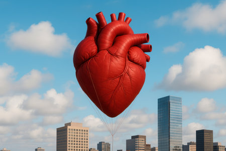 A giant heart in the form of a balloon over the cityの素材
