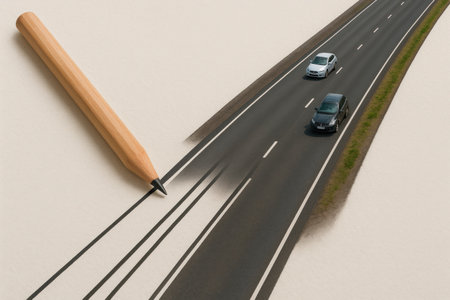 A pencil draws a highway along which cars are driving. Space for textの素材