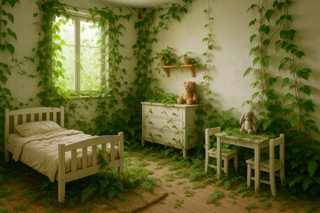 An abandoned children's room overgrown with plantsの素材