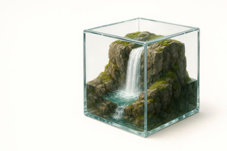 Waterfall in a glass cube. Space for textの素材