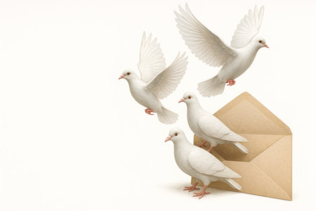 White doves fly out of the envelope. Space for textの素材