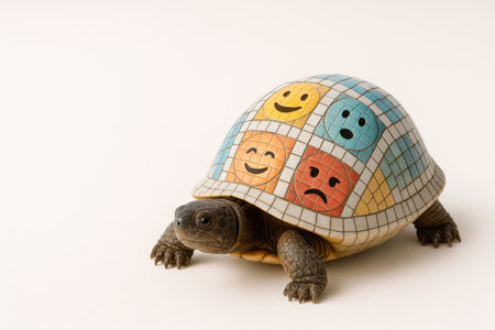 Turtle with a mosaic of emoticons on the shell. Space for textの素材