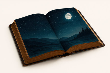 A book with a night sky and the moon on the pagesの素材