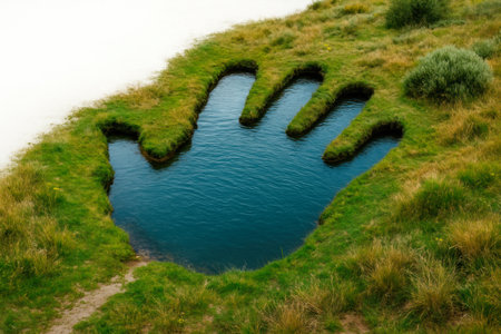 A lake in the shape of a hand among the green grassの素材