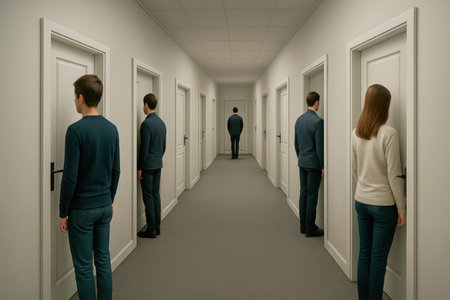 People standing along the corridor in front of closed doorsの素材