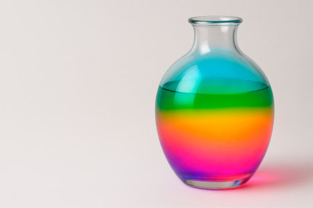 A glass vase with a multi-colored liquid inside. Space for textの素材