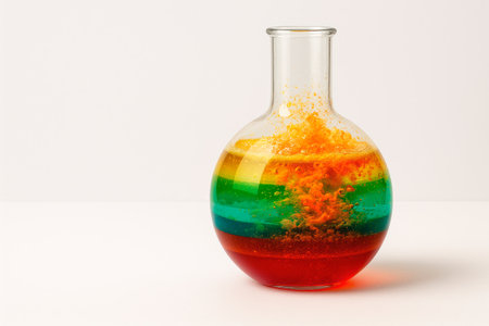 A flask with multi-colored layers of liquid and bubbles. Space for textの素材