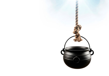 A black cauldron hanging on a rope. Space for textの素材