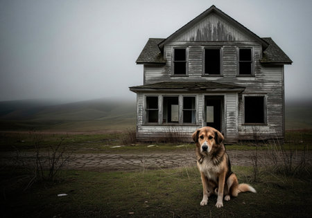Dog in front of an abandoned wooden house in the fog. Space for textの素材