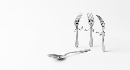 Forks with faces tease a sad spoon. Space for textの素材
