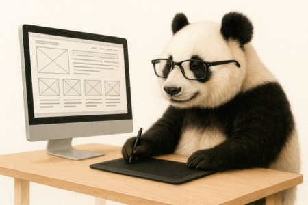 A panda in glasses works as a designer at a computerの素材