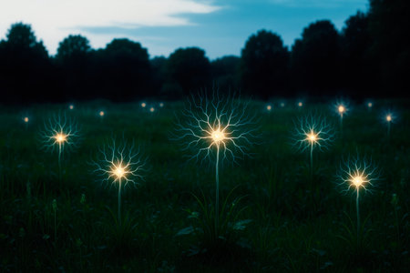 Glowing electric flowers on a night fieldの素材