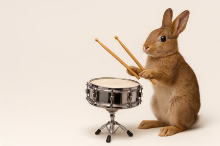 The rabbit plays a small drum. Space for textの素材