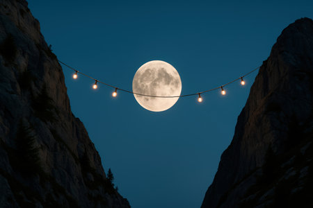 The full moon is like a lamp on a garland in the mountainsの素材
