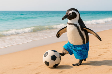 Penguin in shorts playing football on the beachの素材