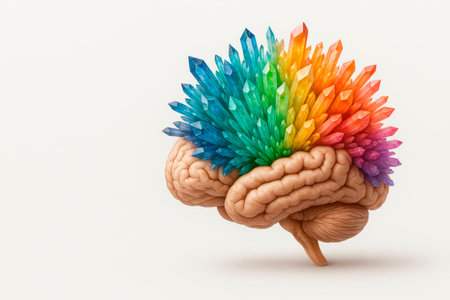 A human brain with rainbow crystals instead of convolutions. Space for textの素材