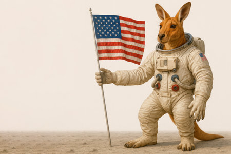 Kangaroo astronaut with an American flag on the moon. Space for textの素材