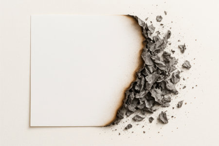 Burnt edge of a white sheet with ashes. Space for textの素材