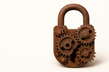 A rusty lock with gears in a mechanical style. Space for textの素材