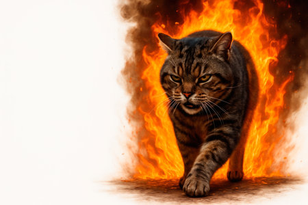 The cat walks through the fire with a determined look. Space for textの素材