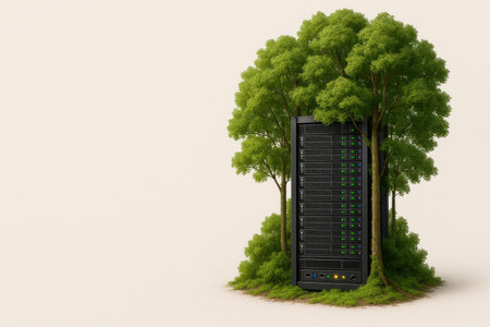 A server among green trees, symbolizing ecology and technology. Space for textの素材