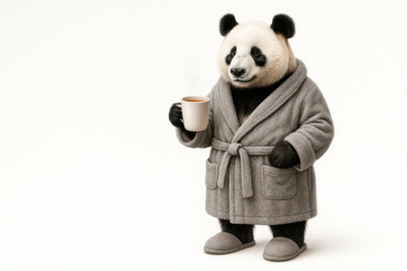 A panda in a bathrobe drinks coffee from a mug. Space for textの素材