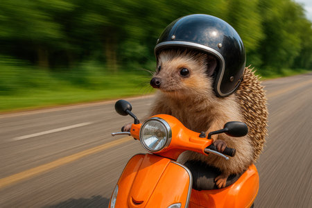 A hedgehog in a helmet rides a scooter along the roadの素材