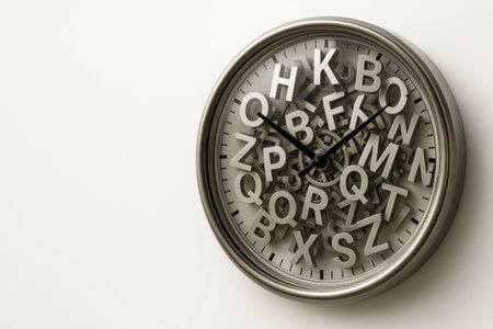 A clock with letters instead of numbers. Space for textの素材