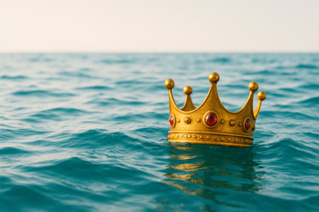 The golden crown floats in the water. Space for textの素材
