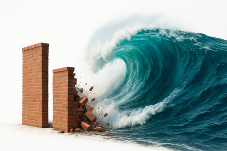A tsunami destroying a brick wall as a symbol of strengthの素材