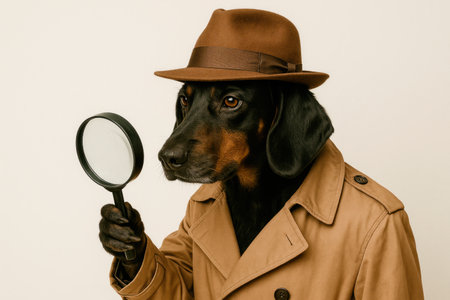 A detective dog in a raincoat with a magnifying glassの素材