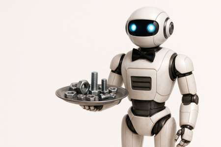 A robot waiter gives bolts and nuts. Space for textの素材